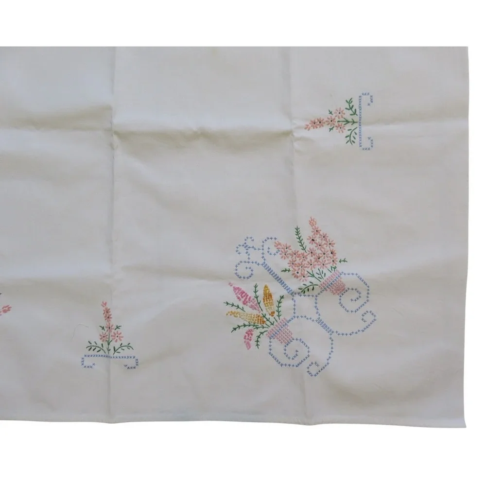 Vintage Hand Embroidered Floral Cross Stitch White Tablecloth‎ Pastels 29